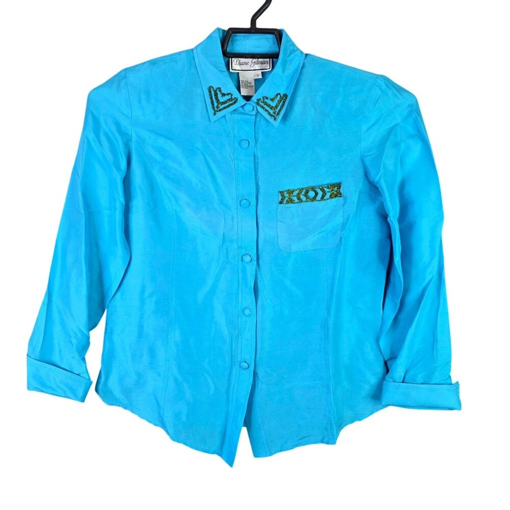 Womens Vintage Diane Gilman Blue Beaded 100% Silk Shirt Button Up Long Sleeve S